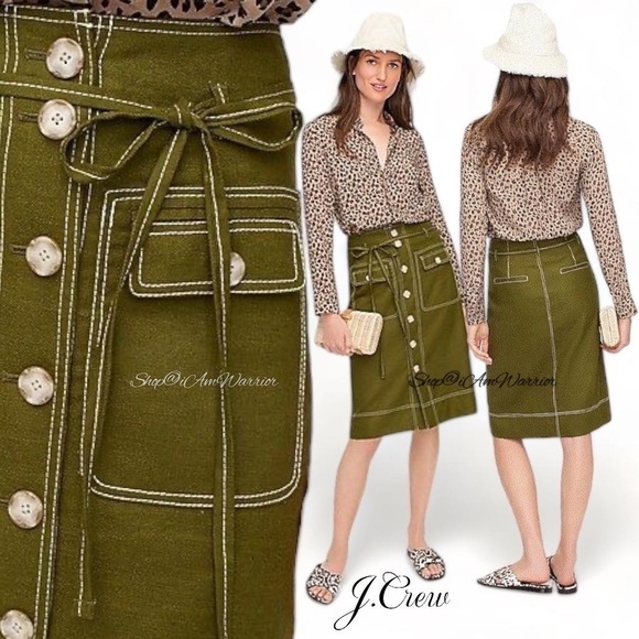 J.Crew seaweed green button front belted linen skirt *shop@iamwarrior - Picture 2 of 13